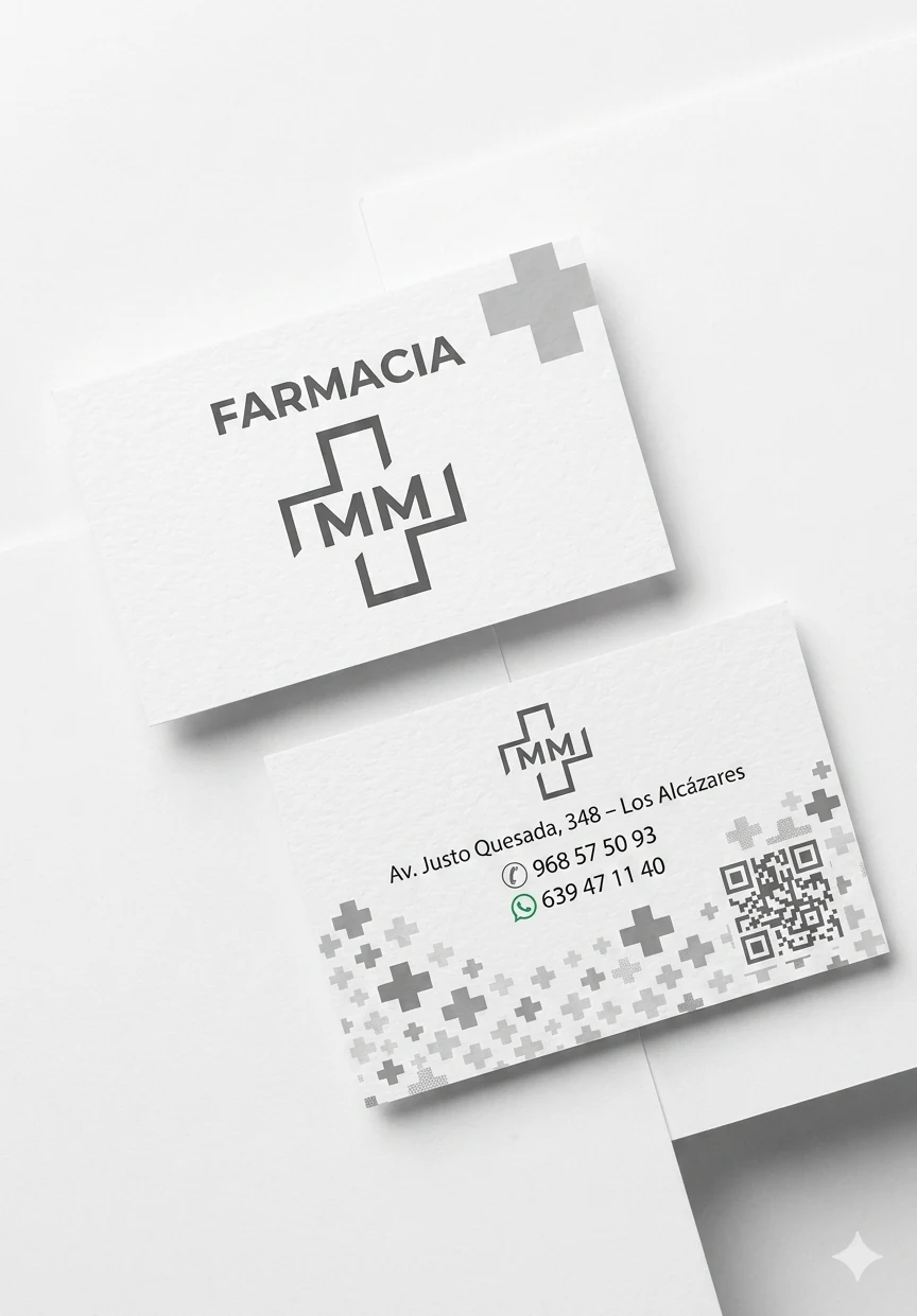 Tarjetas de visita de Farmacia MM con dirección y contacto